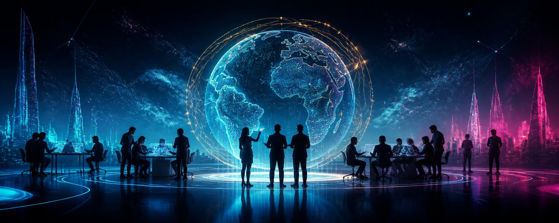 Teams collaborating around a glowing holographic globe linked by golden network lines