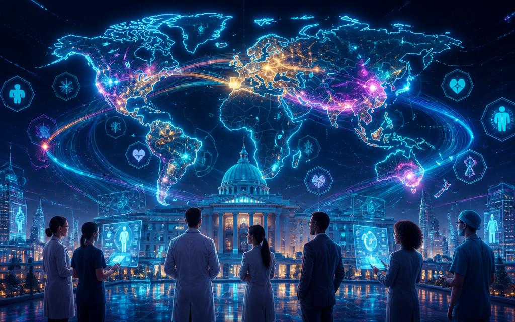Futuristic scene of public health officials before a glowing holographic world health map